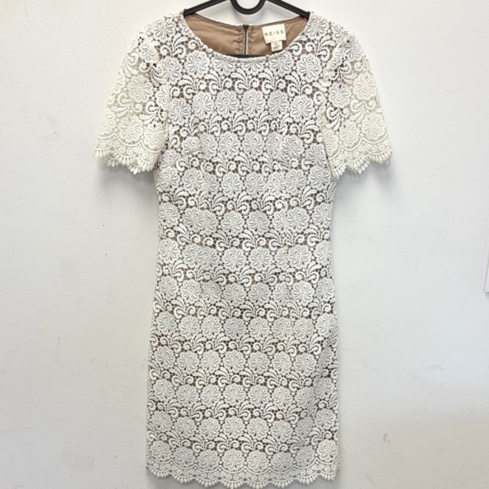 Reiss White Lace Short Sleeve Scallop  Dress
